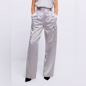 River Island SILVER SATIN WIDE LEG CARGO TROUSERS
